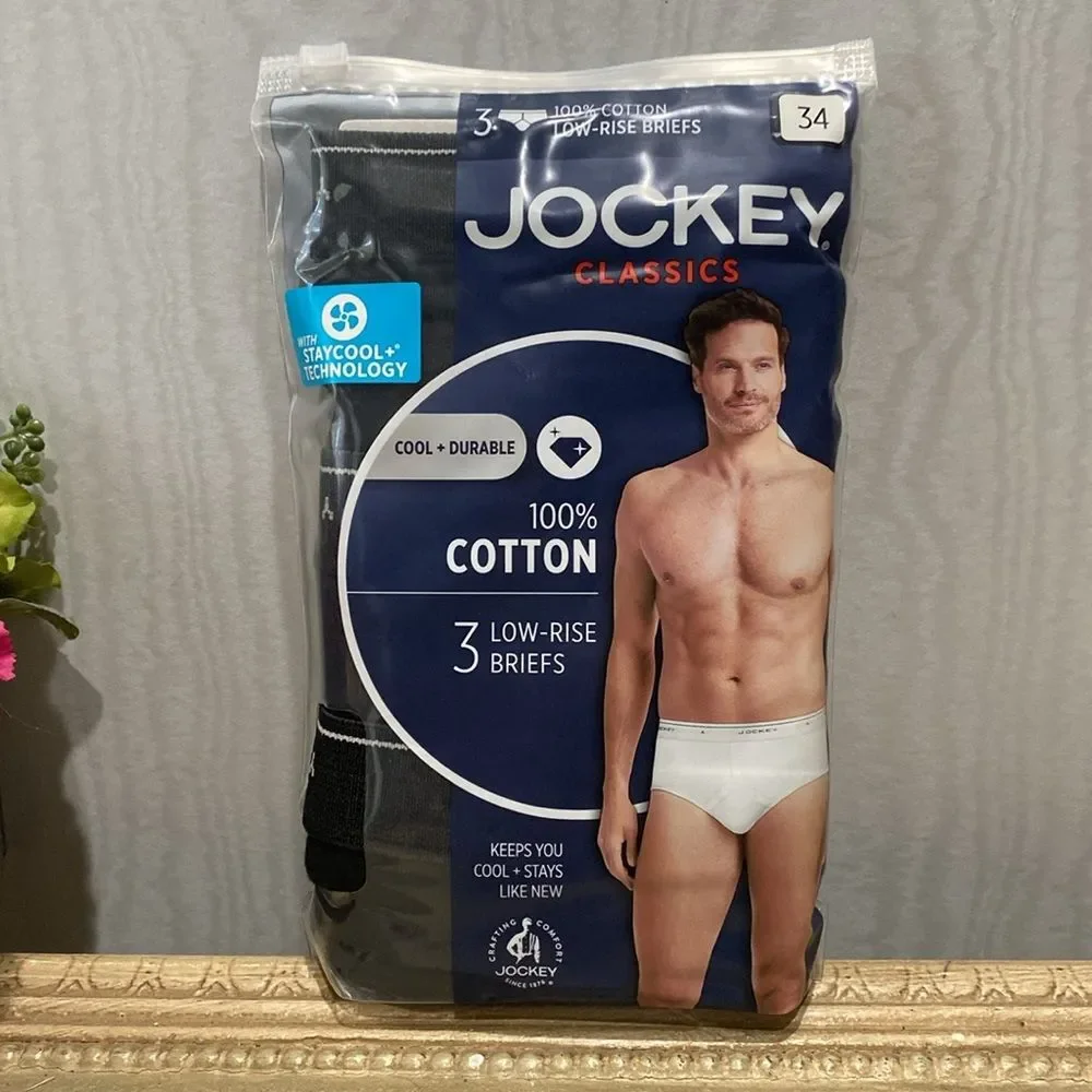Jockey Classics Low-Rise Cotton Briefs Stay Cool Technology Black 3 Pack 34 NWT